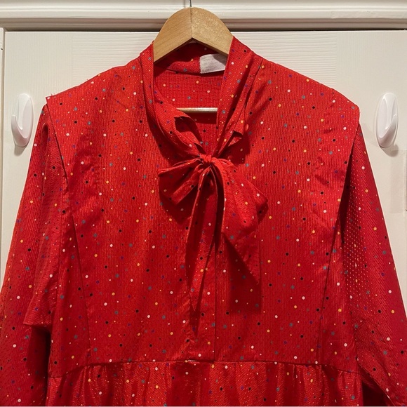 Vintage Red Polka Dot Midi Dress Women’s XL Tie Front Pinup Rockabilly Whimsical - Picture 3 of 10